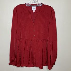 KNOX ROSE Blouse Burgundy pin tuck Pleating partial Button Mandarin Collar Med